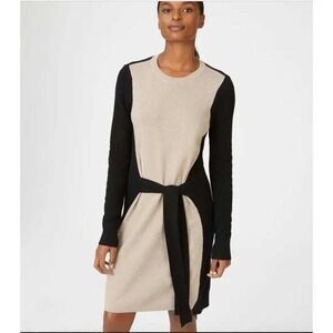 Club Monaco Black Tan Knit Belted Sweater Dress XS TP Merino Alpaca Wool‎ Blend